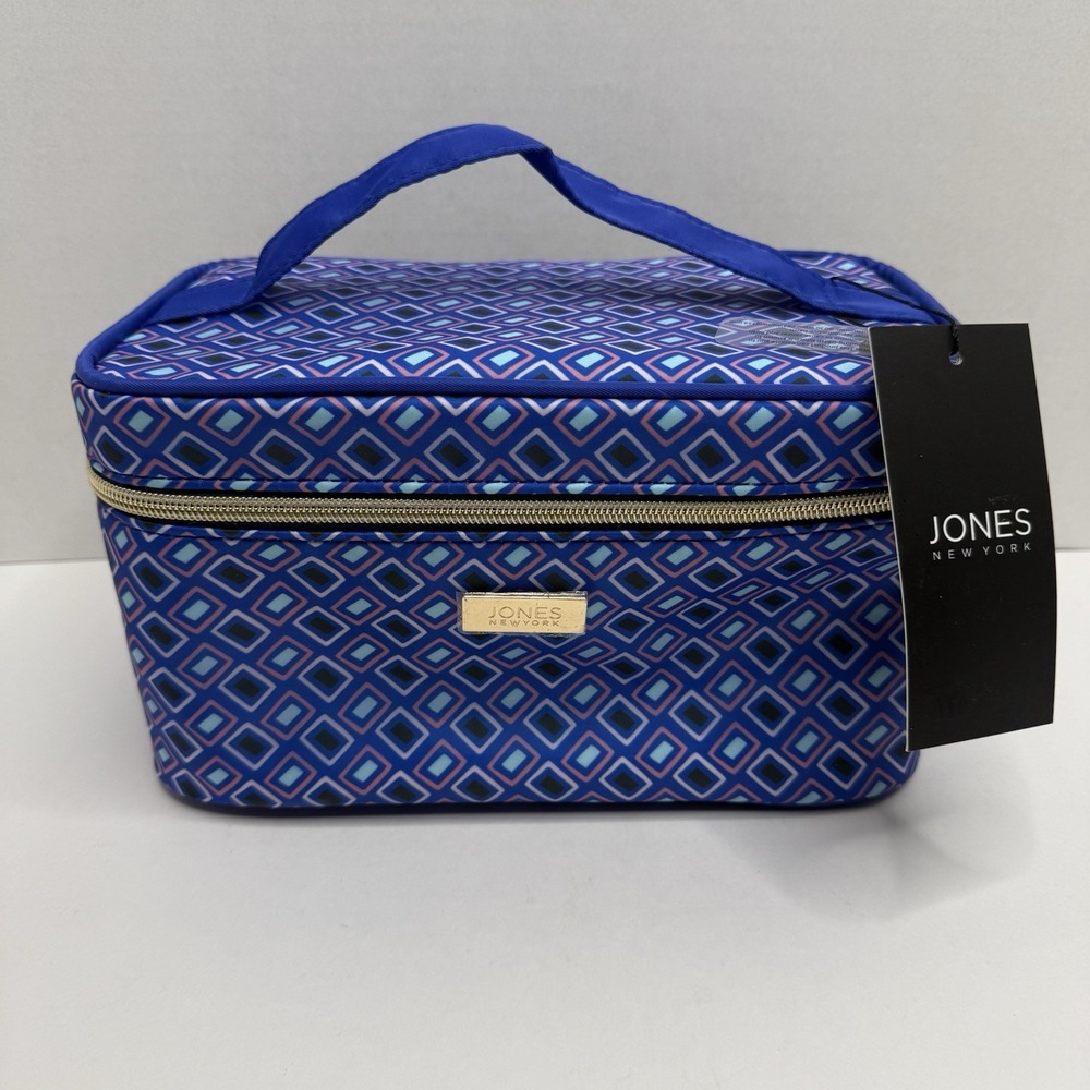 Jones New York Travel Cosmetic Bag Blue Geometric Print w/ Bottle New
